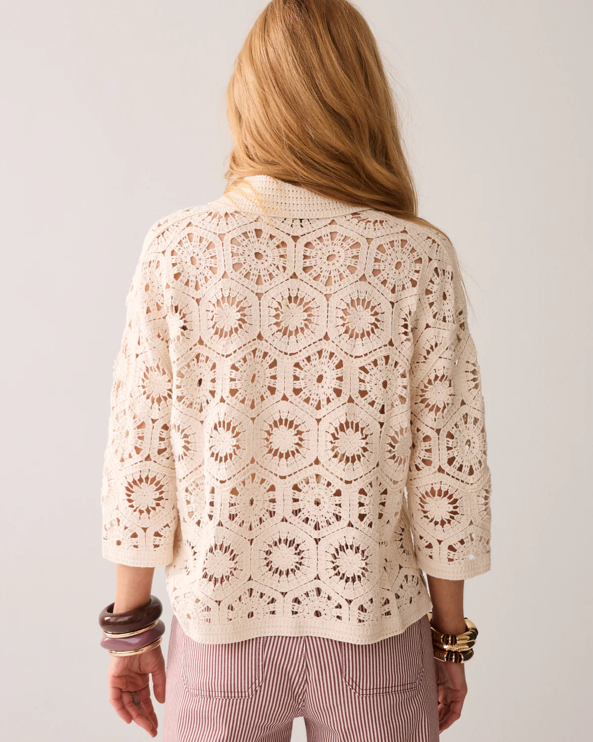 100% Cotton Crochet Cardigan in Pebble Beige