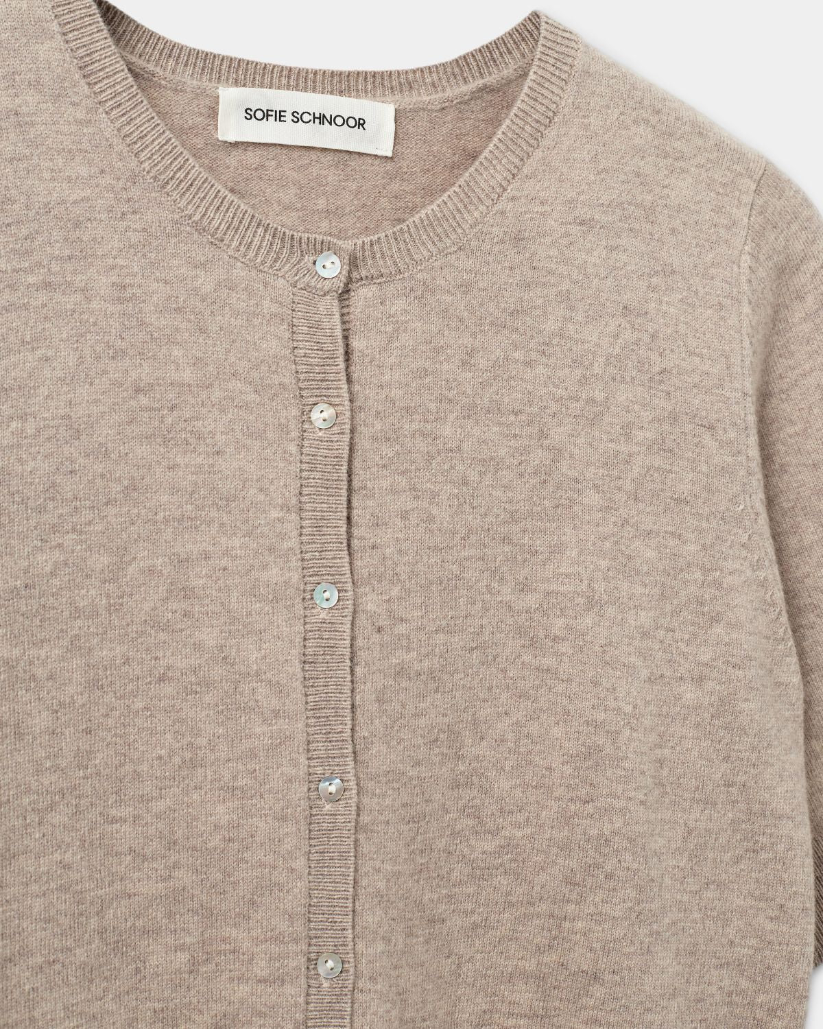100% Merino Suna Short Sleeve Cardigan in Beige Melange