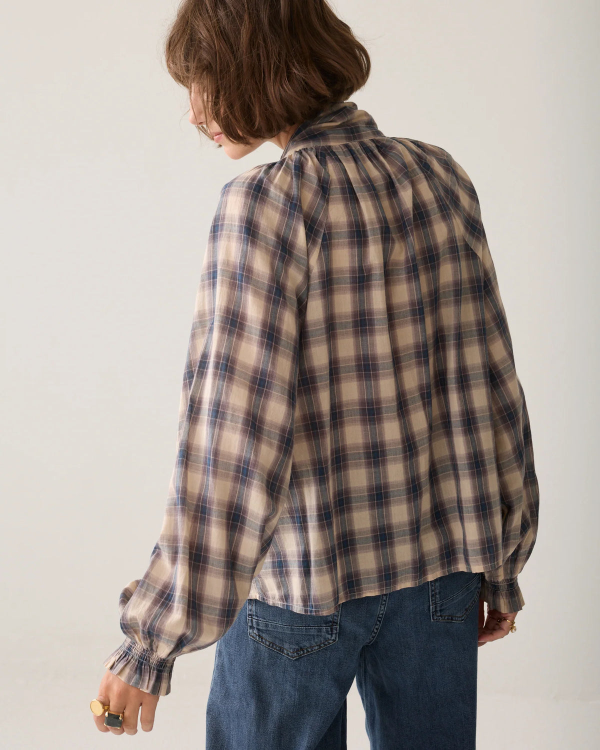 100% Cotton Blouse in Brown and Teal Blue Check
