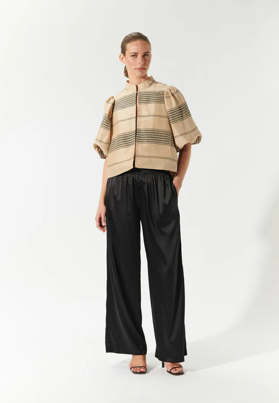 Silk and Linen Jacket with volume sleeves in Beige with Charcoal Stripes