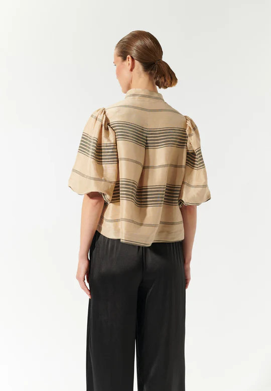 Silk and Linen Jacket with volume sleeves in Beige with Charcoal Stripes