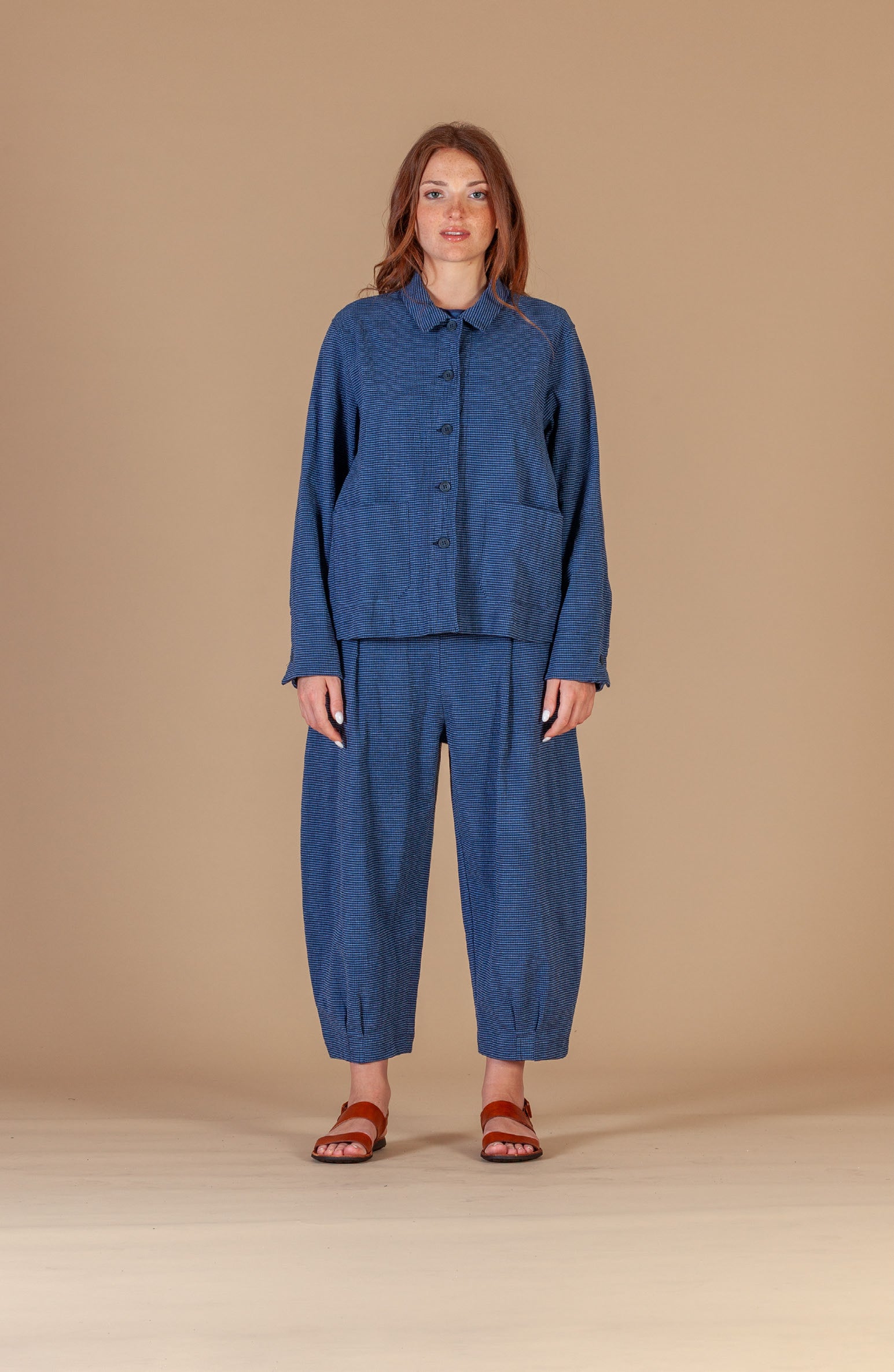 Linen Mix Marzo Small Check Jacket in Navy and Blue