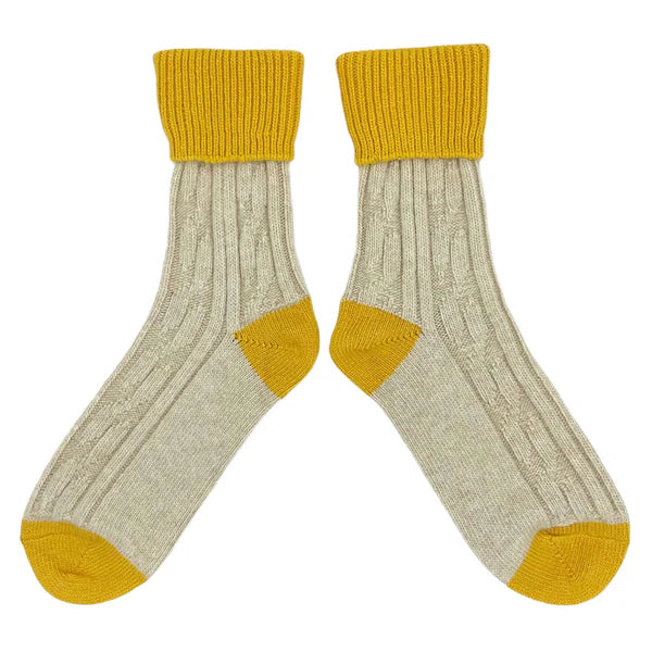 Cashmere Blend Socks in Oatmeal and Yellow