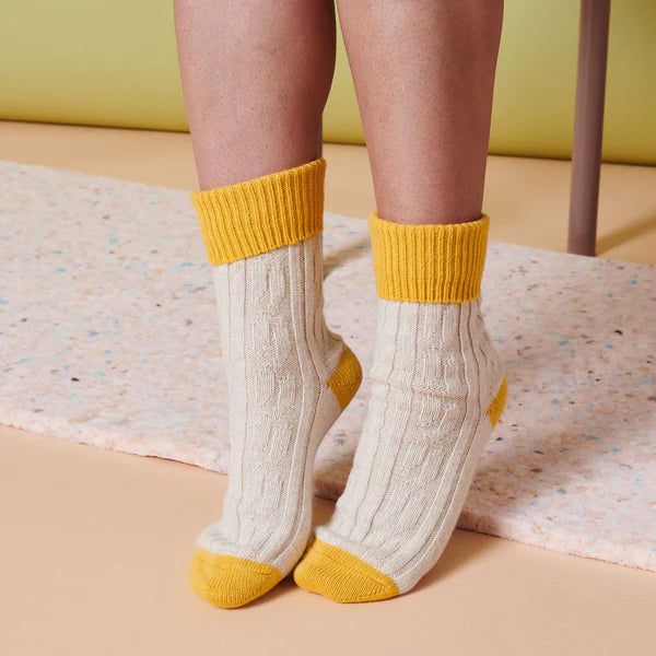 Cashmere Blend Socks in Oatmeal and Yellow