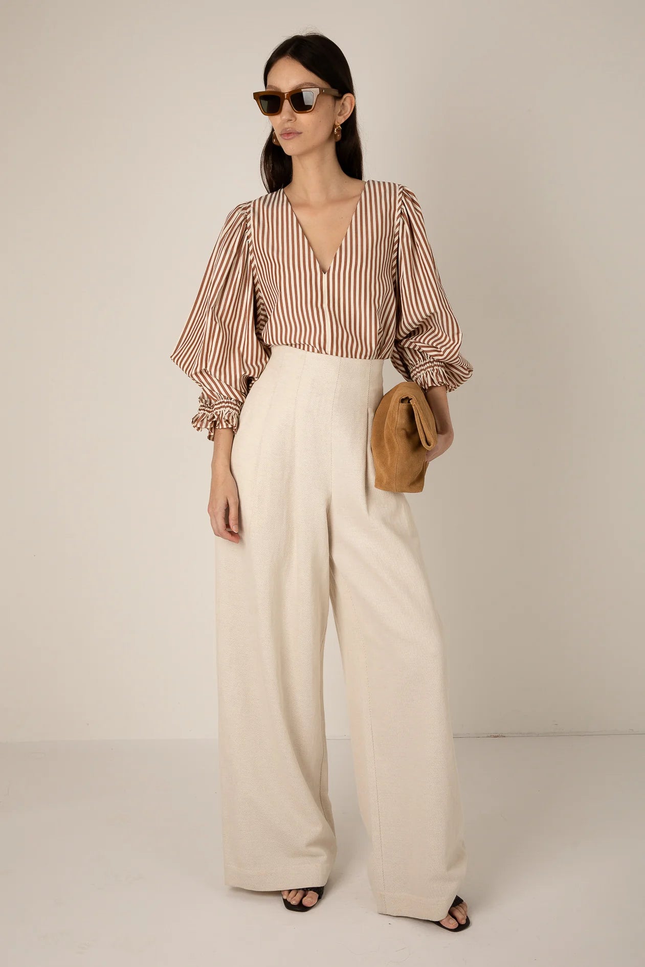 100% Cotton Remi Stripe Top in Brown and White