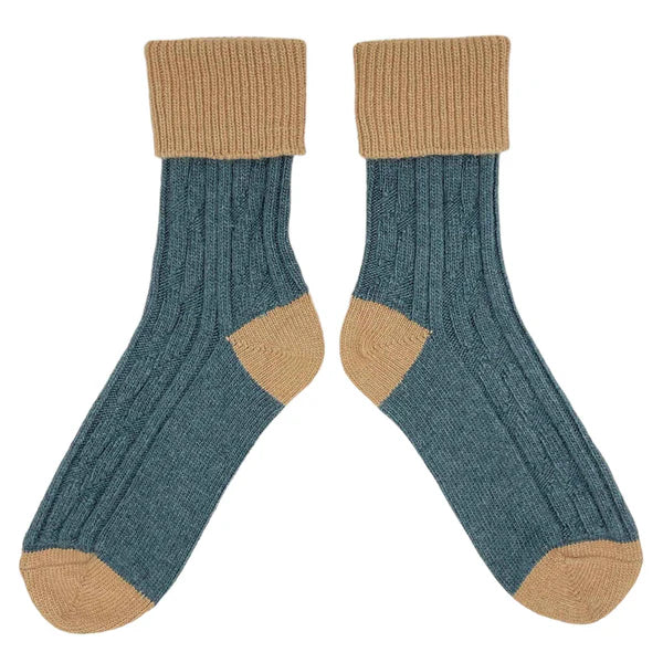 Cashmere Blend Socks in Teal and Biscuit