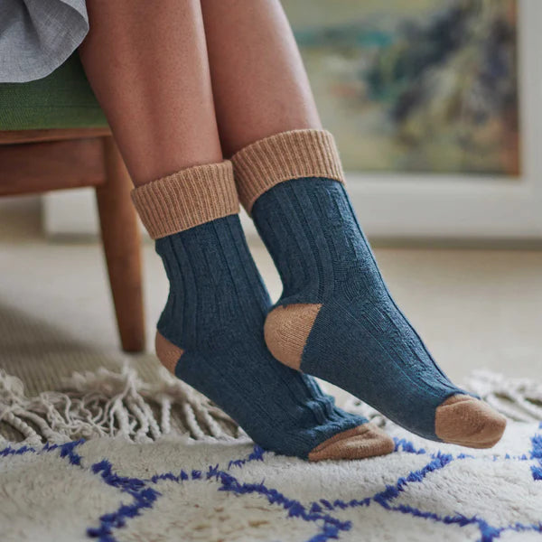 Cashmere Blend Socks in Teal and Biscuit