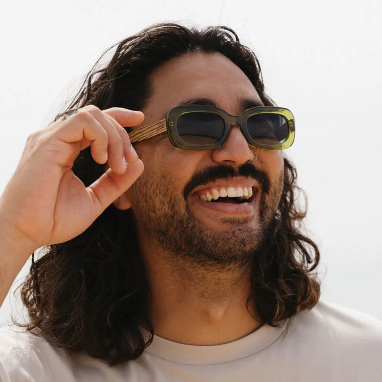 Vibe Moss Sunglasses with White Maple Arms and Black Polarised Lens