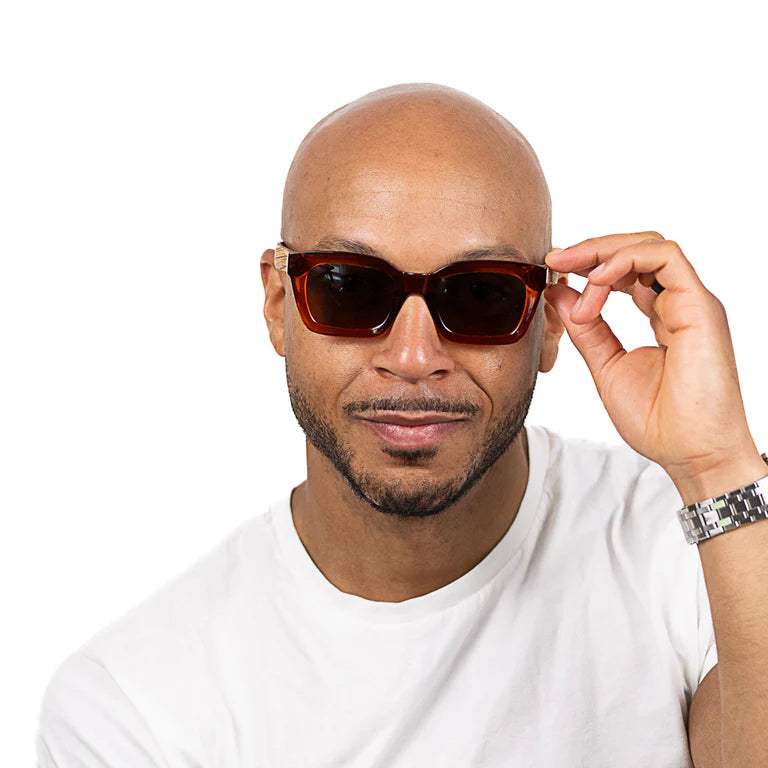 Zahra Auburn Sunglasses with Walnut Arms and Black Polarised Lens