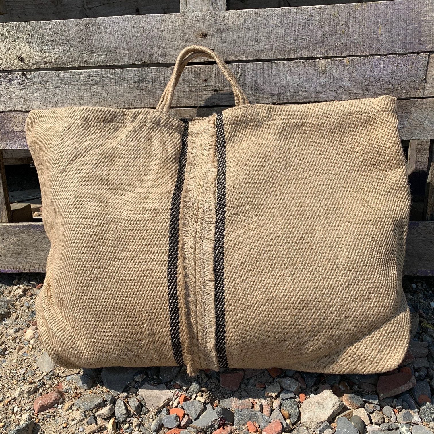 Extra large jute bag natural with central black stripes and fringing detail