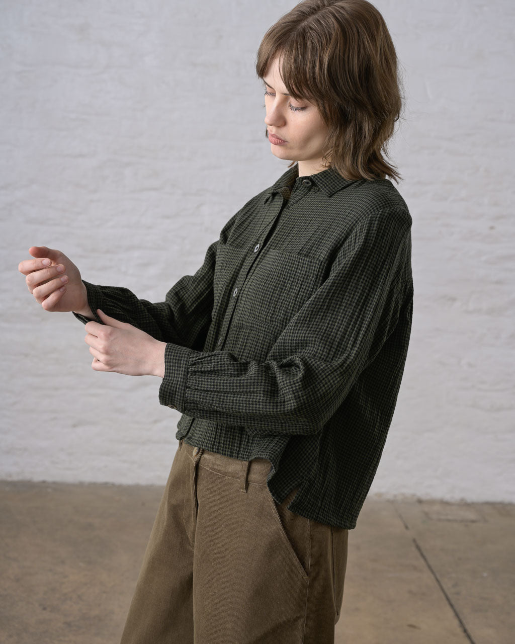 Ada Cropped Blouse in Little Green Check