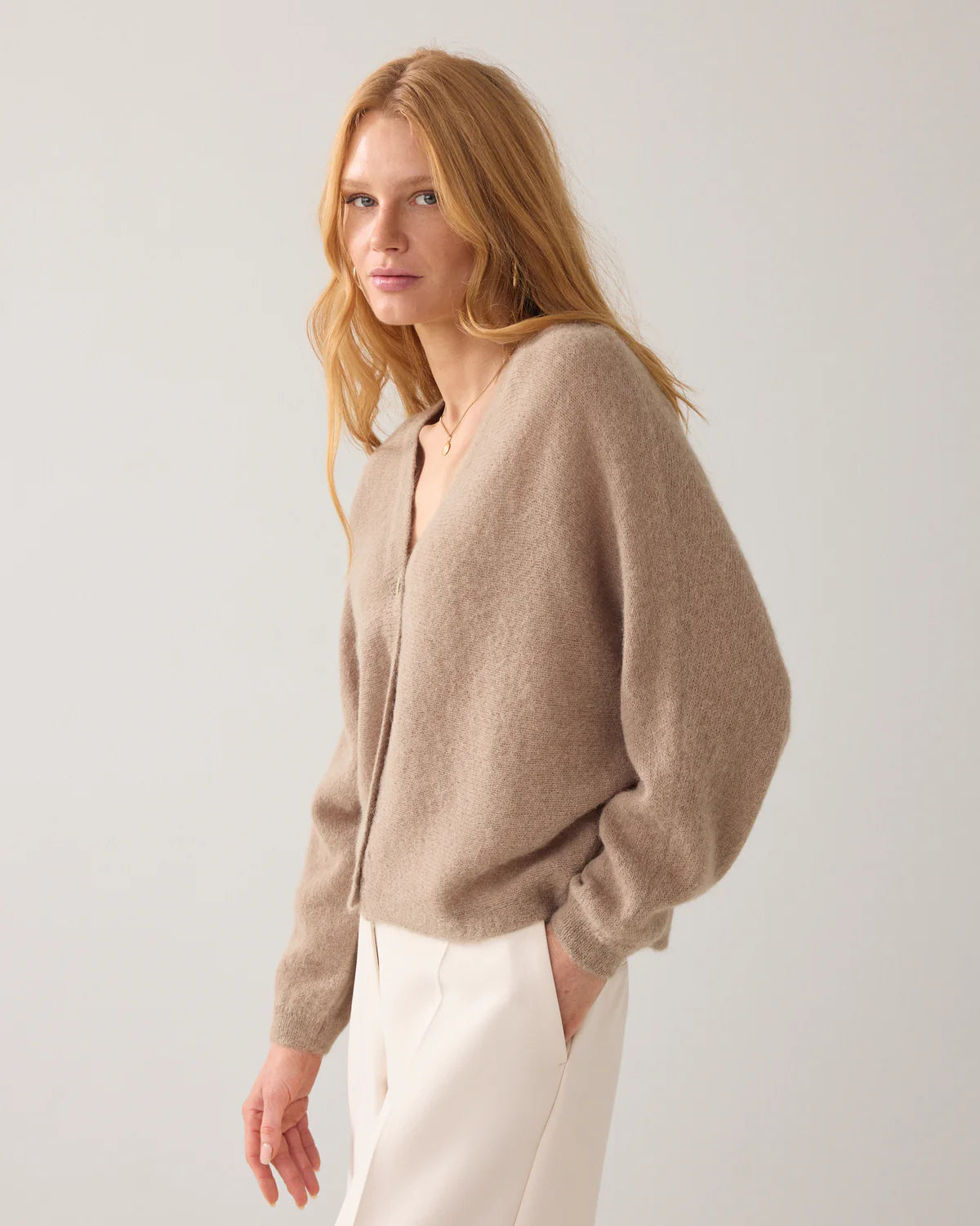 Feather Light Alpaca Knit Cardigan in Khaki