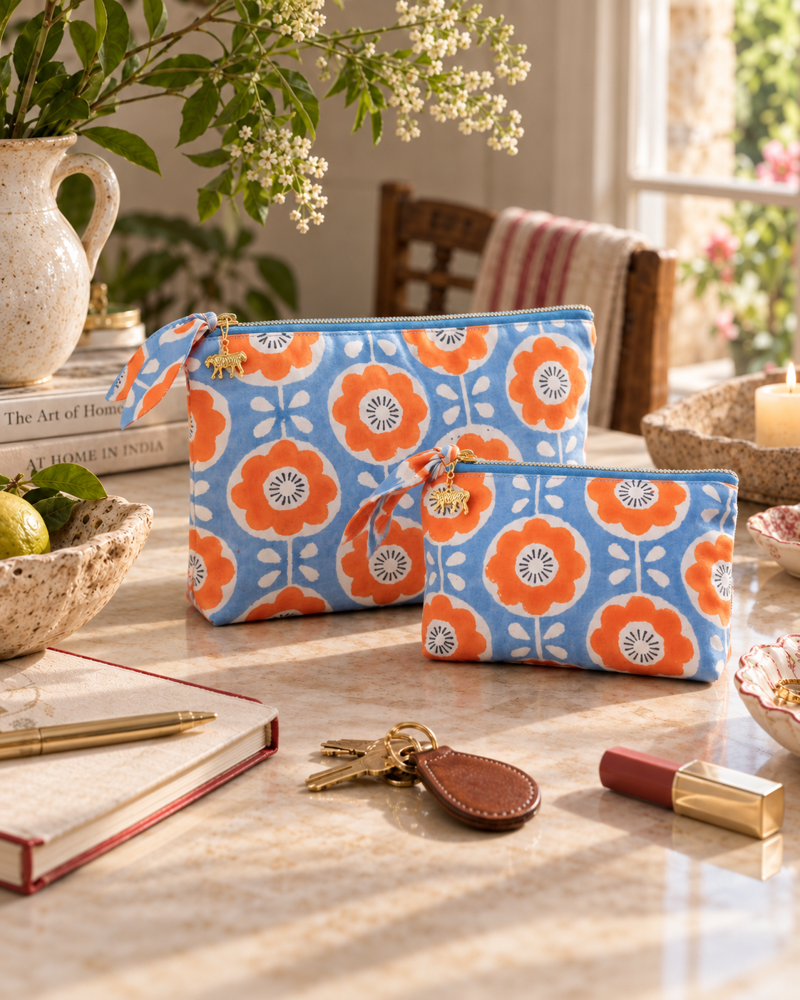Hand Block Printed Organic Cotton Pouch - Folk Flower: Small