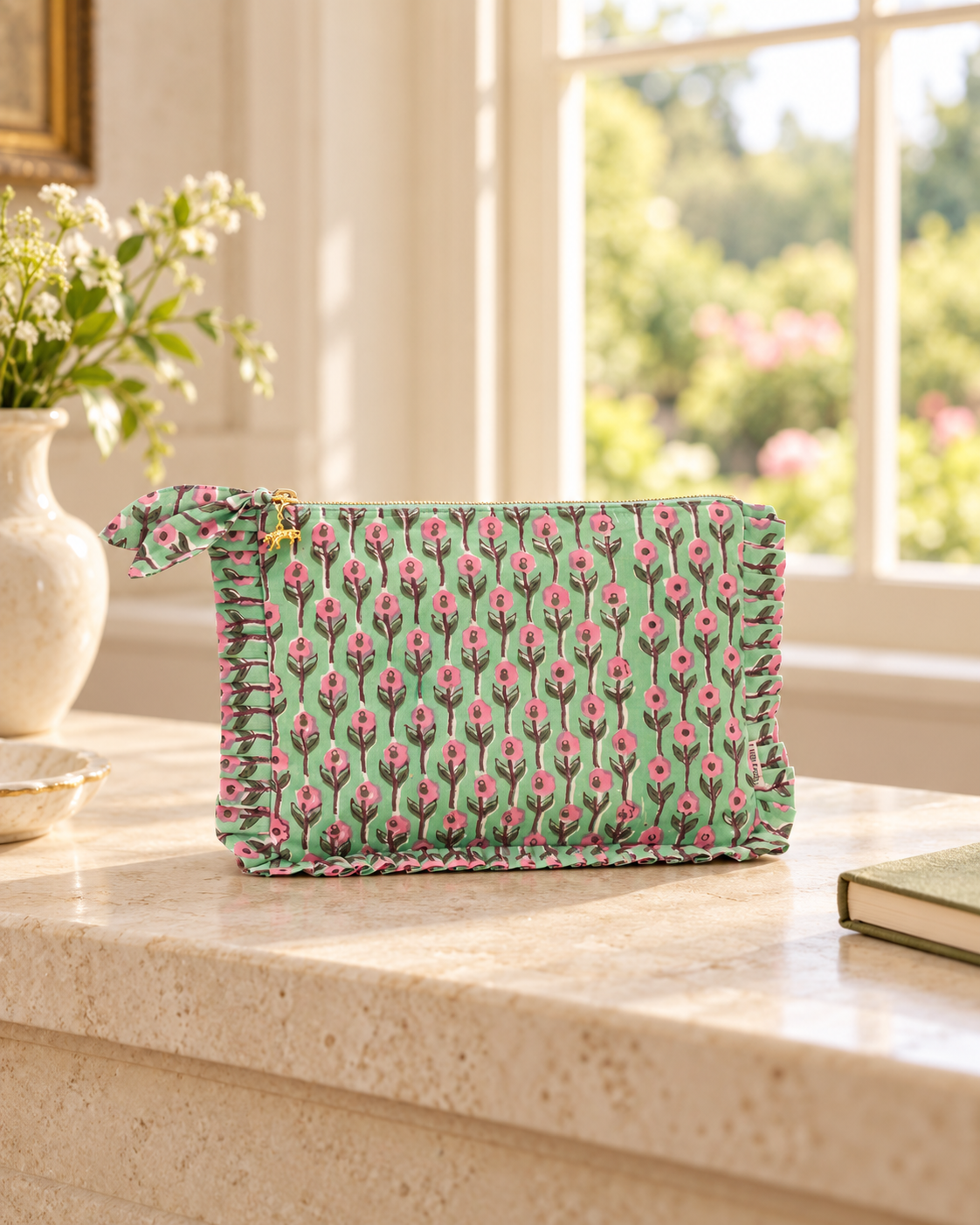 Hand Block Printed Organic Cotton Frill Pouch - Gulnaar Bel: Small