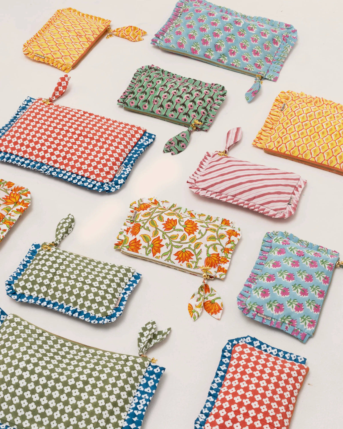 Hand Block Printed Organic Cotton Frill Pouch - Gulnaar Bel: Small