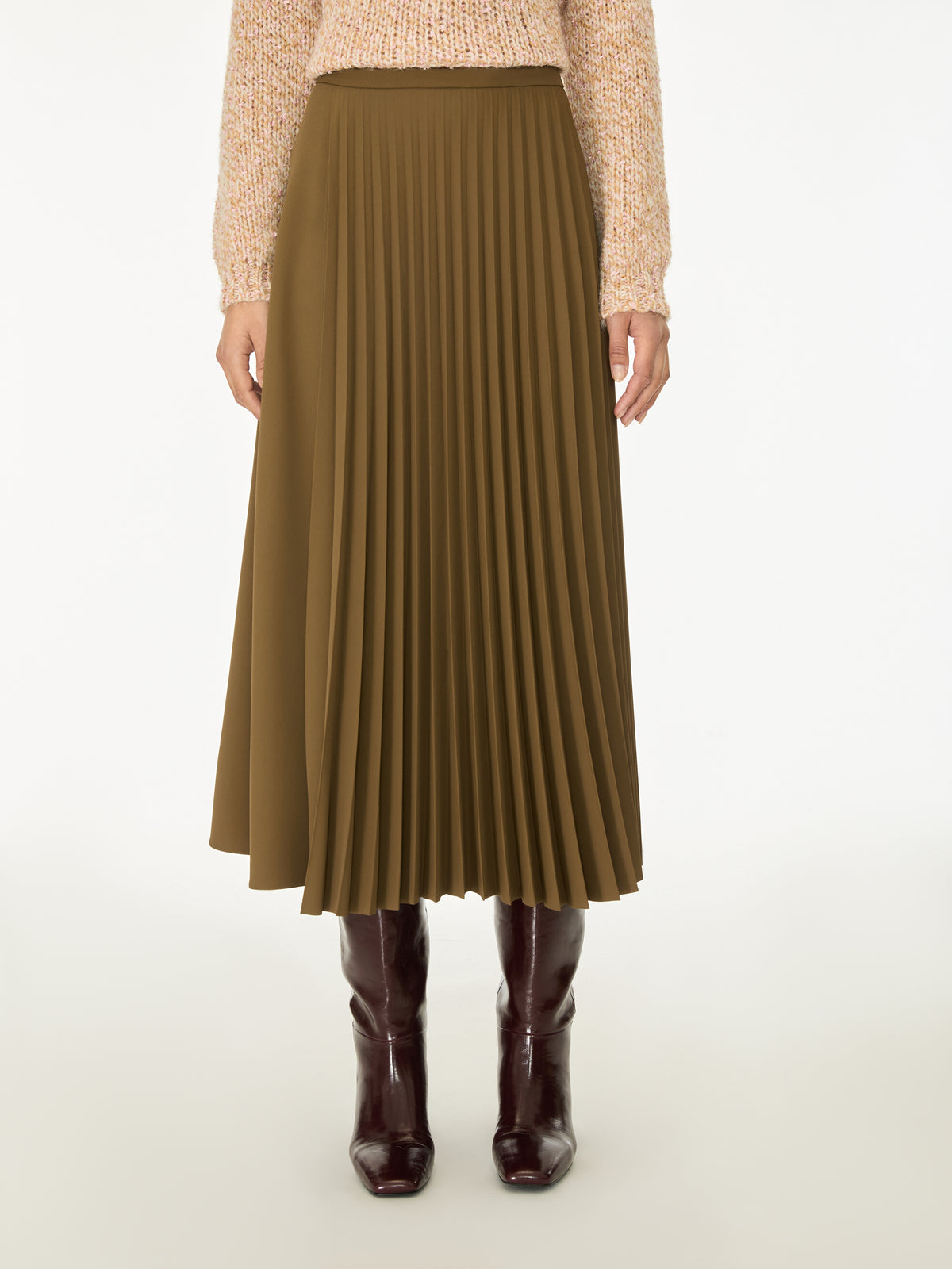 Alamaro 100% Recycled Polyester Pleated Skirt in Khaki