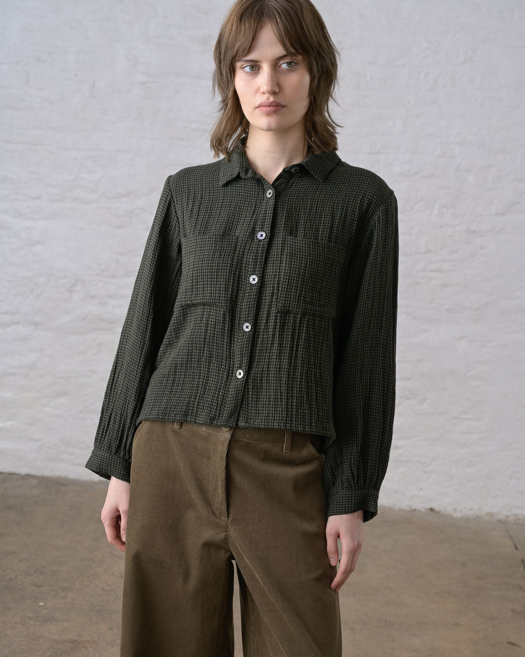 Ada Cropped Blouse in Little Green Check