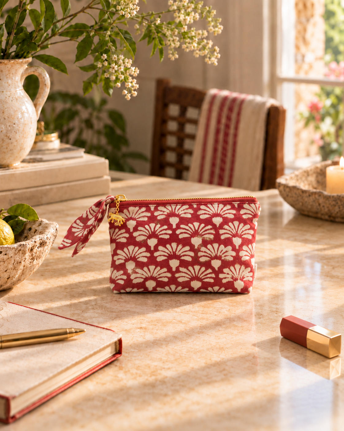 Hand Block Printed Organic Cotton Pouch - Red Shankh Phool: Small