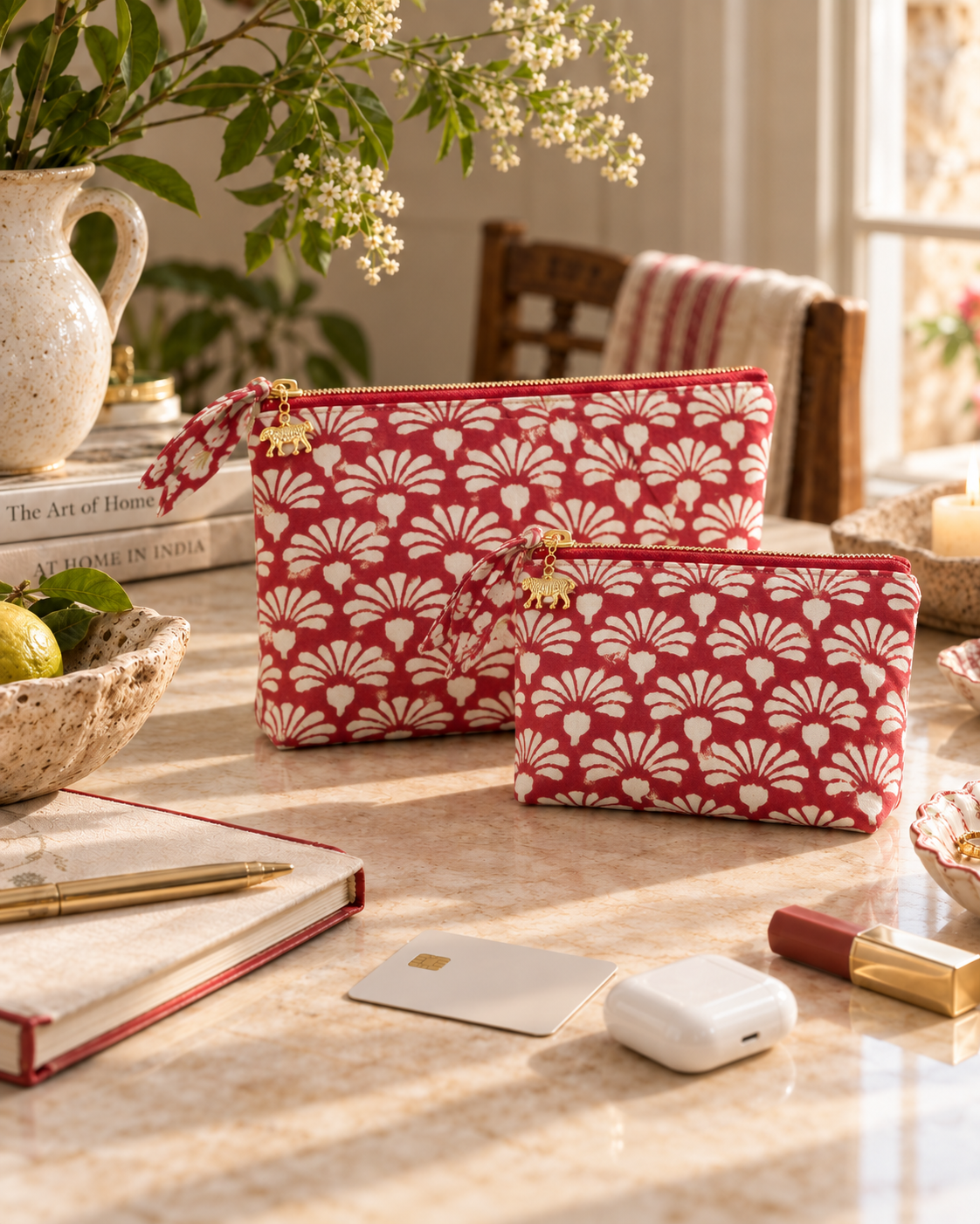 Hand Block Printed Organic Cotton Pouch - Red Shankh Phool: Small