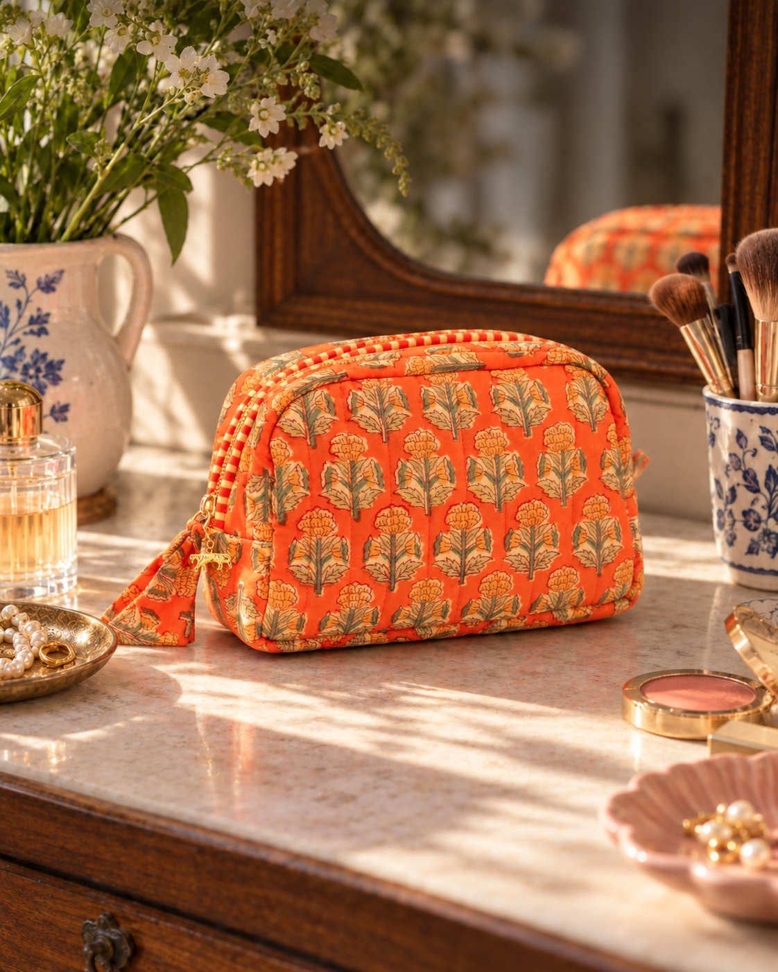 Hand Block Printed Quilted Makeup Bag - Amber Buta