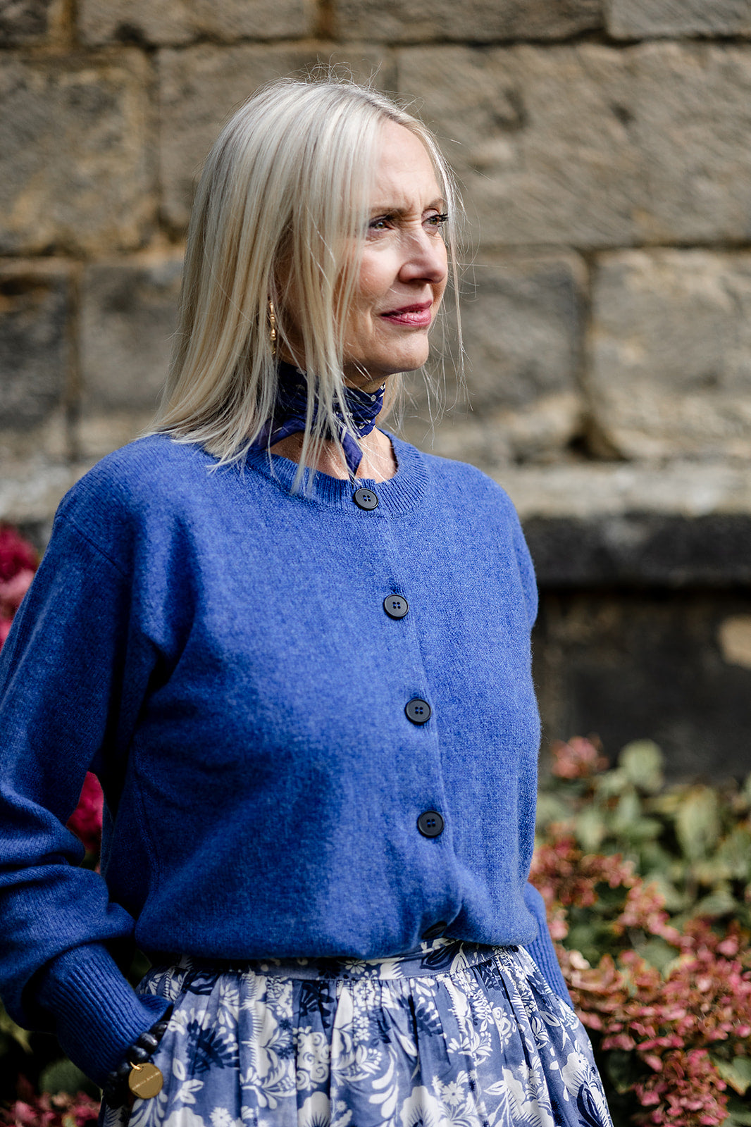 100% Merino Lambswool Eva Crew Neck Cardigan in Med Blue