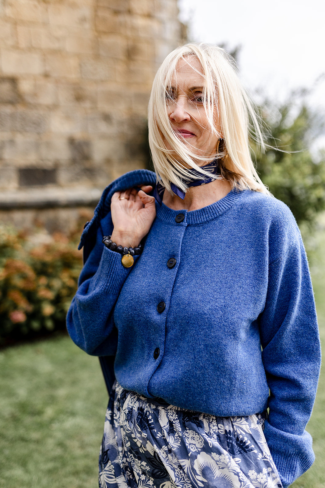 100% Merino Lambswool Eva Crew Neck Cardigan in Med Blue