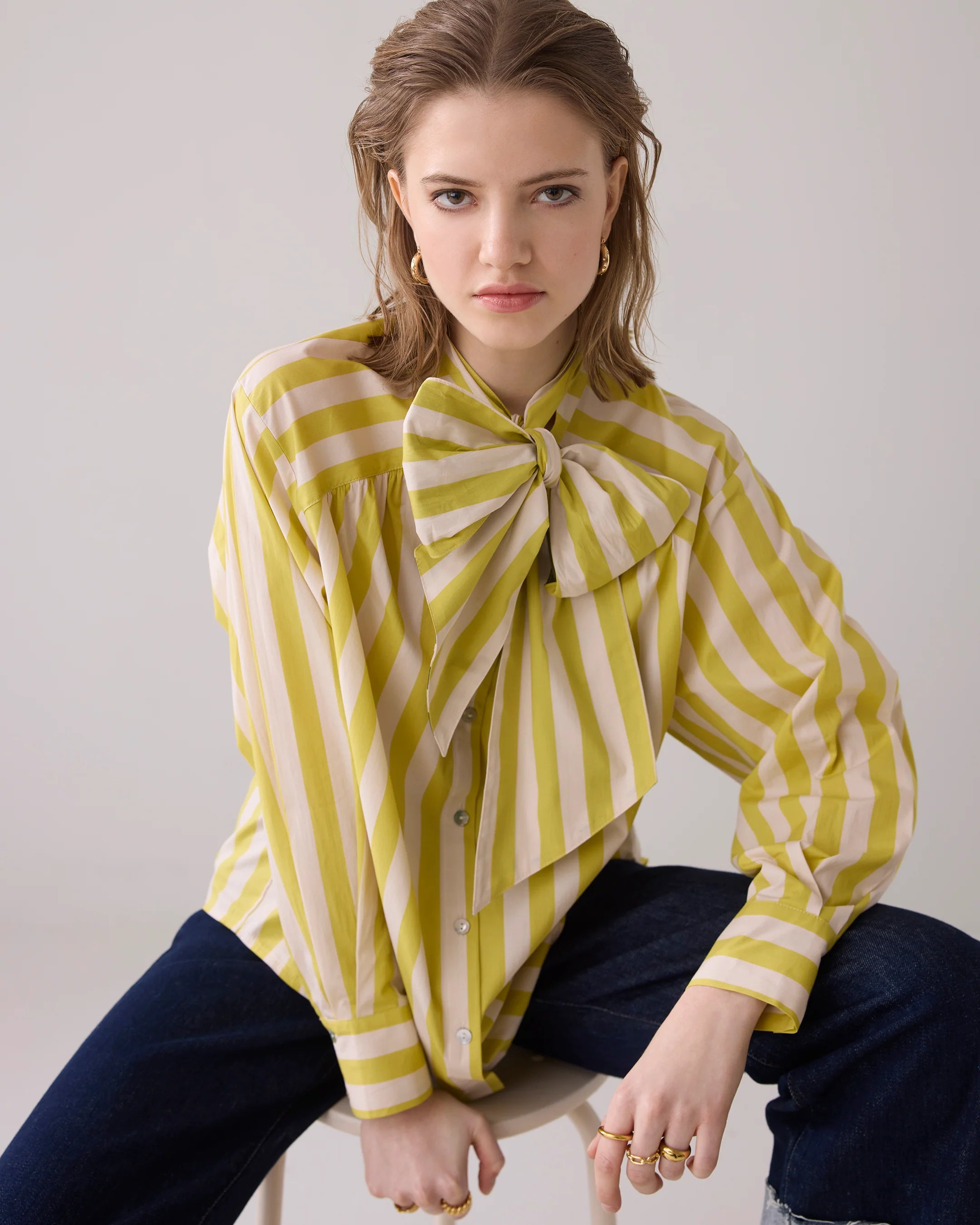 Blouse With Bow in Contrast Stripe - Mimosa Yellow