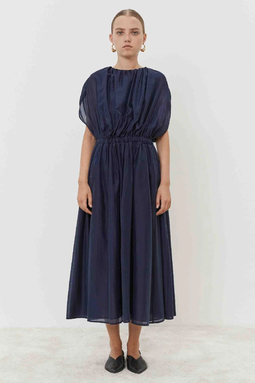 100% Cotton Voile Dress with elasticated neckline in Dark Navy