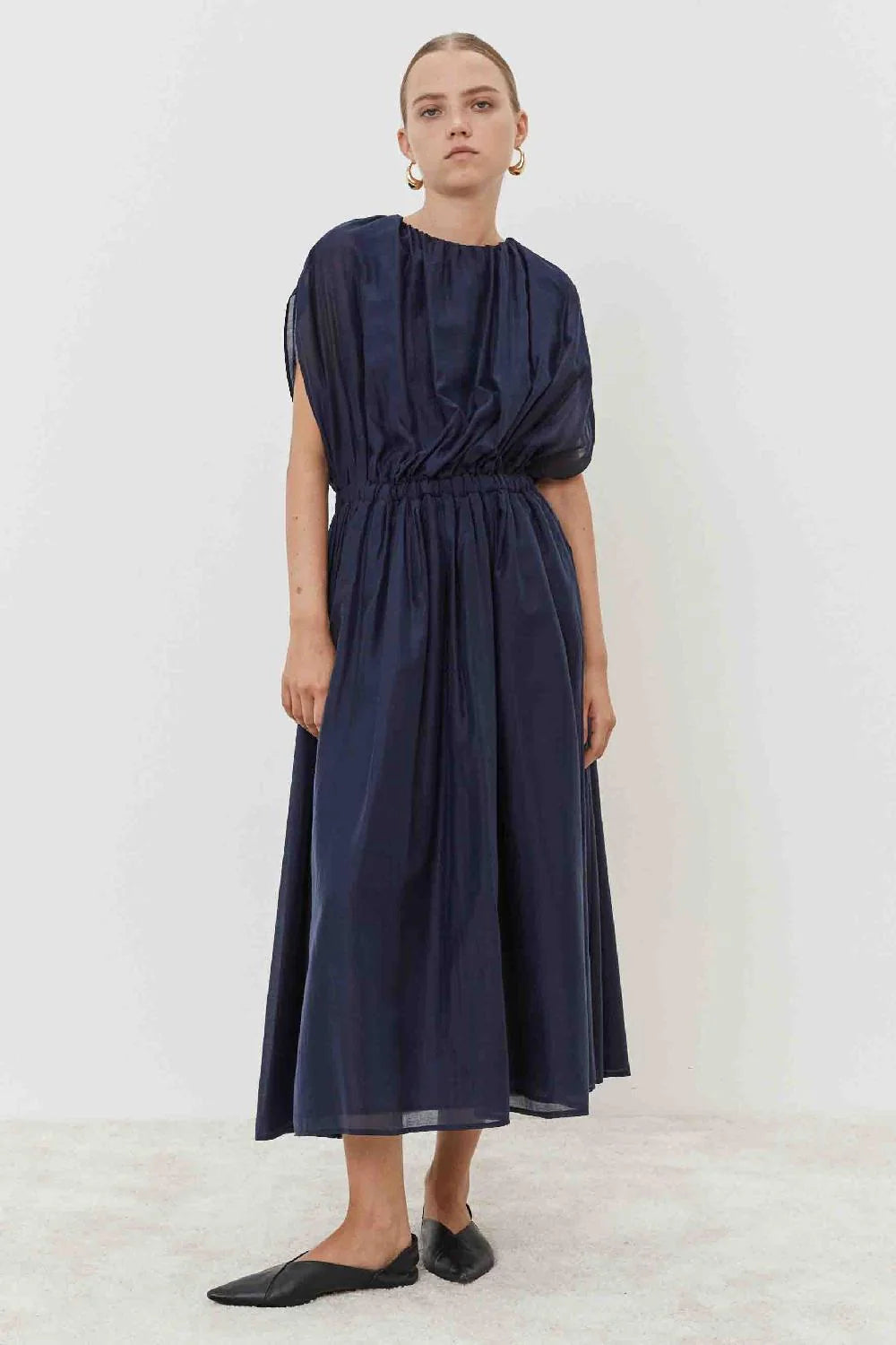 100% Cotton Voile Dress with elasticated neckline in Dark Navy