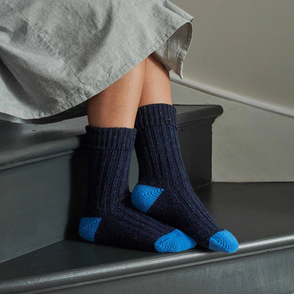 Lambswool and Silk Blend Unisex Socks in Navy and Bright Blue