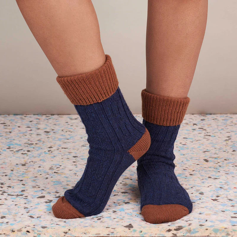 Cashmere Blend Socks in Navy and Saffron