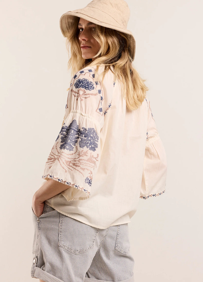 Boho Blouse with blue / beige embroidery