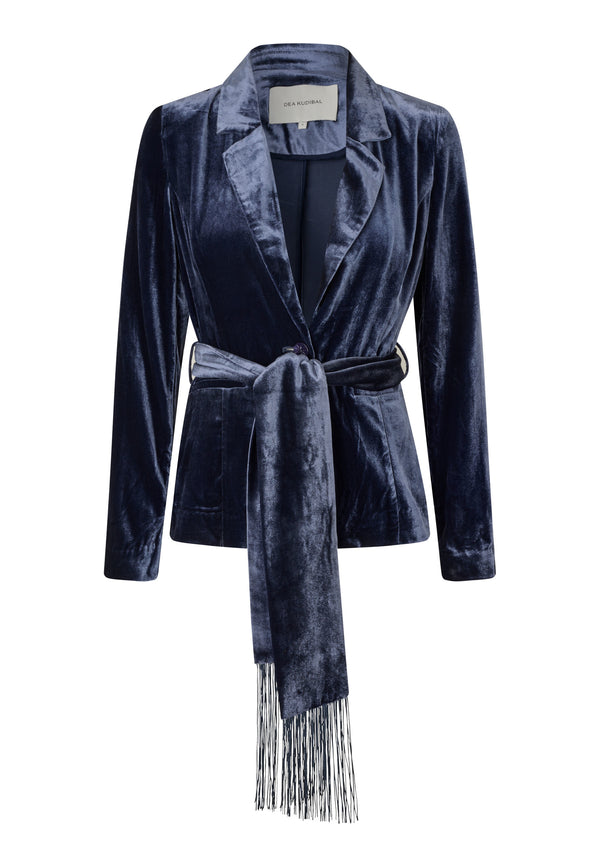 Silk Velvet Malva Jacket with belt in Midnight Blue