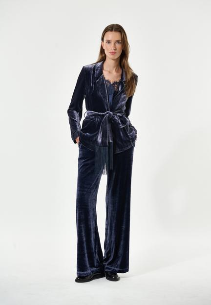 Silk Velvet Malva Jacket with belt in Midnight Blue