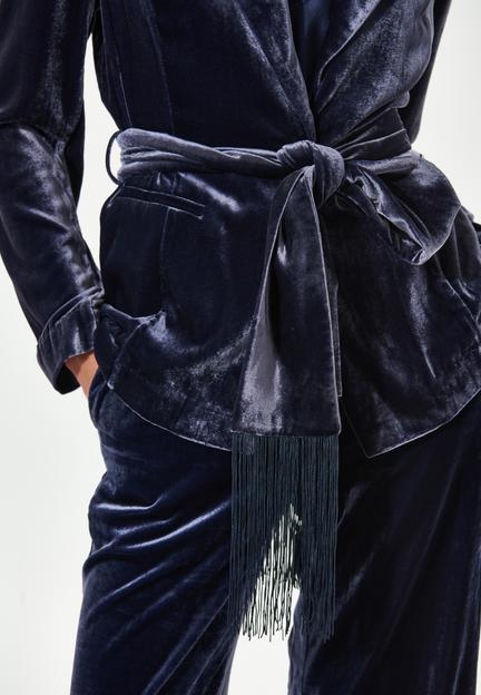 Silk Velvet Malva Jacket with belt in Midnight Blue