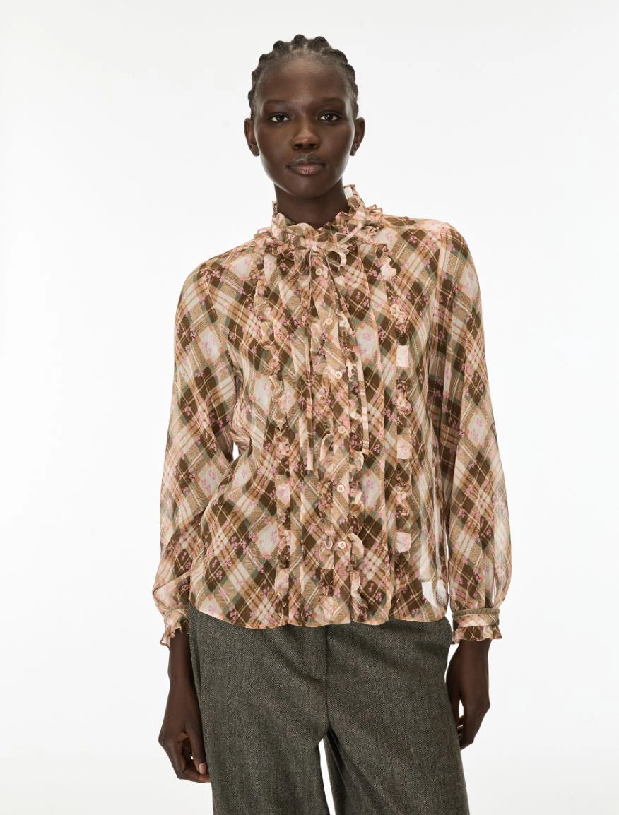 Edotto Check Blouse in Khaki Tartan