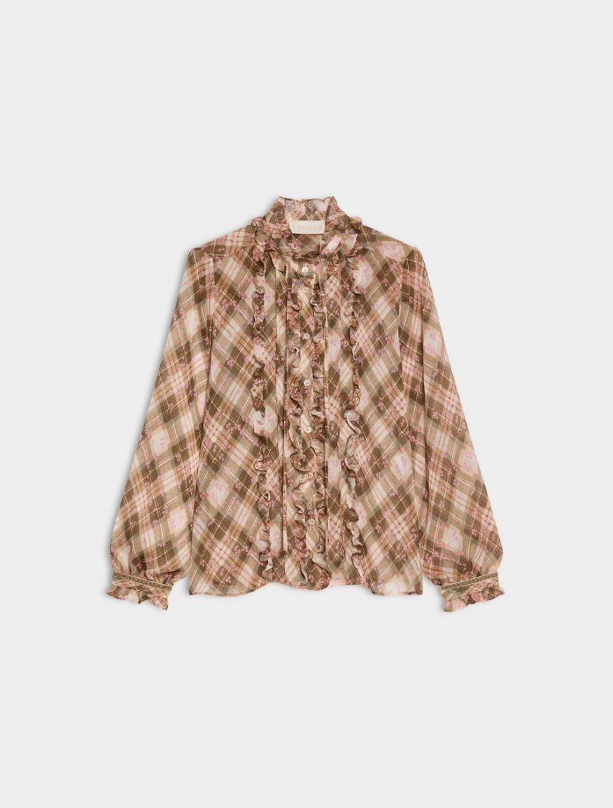 Edotto Check Blouse in Khaki Tartan