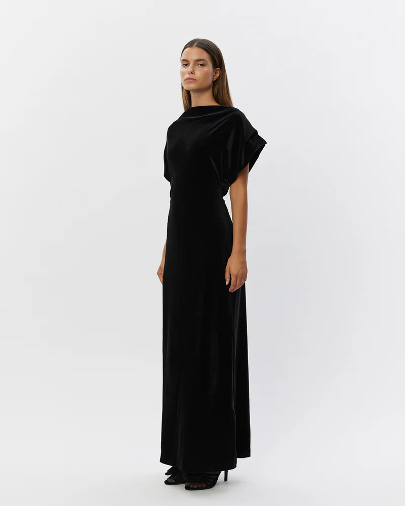 Velvet Dress with Waterfall neck in Black