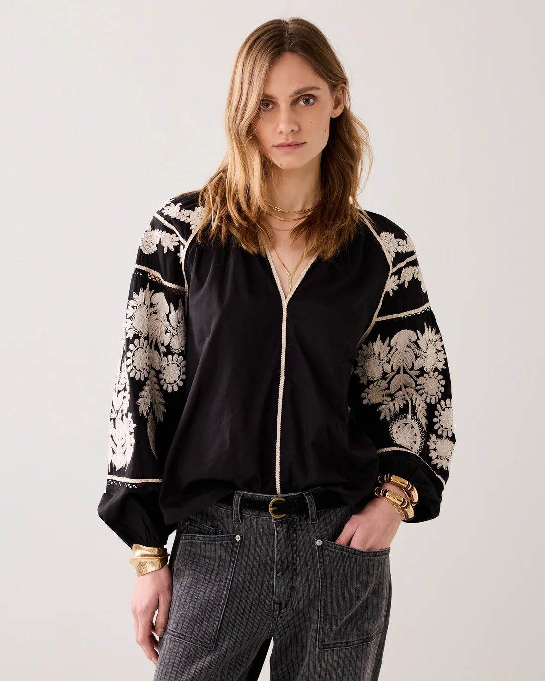 Cambric Cotton Embroidered Top Black