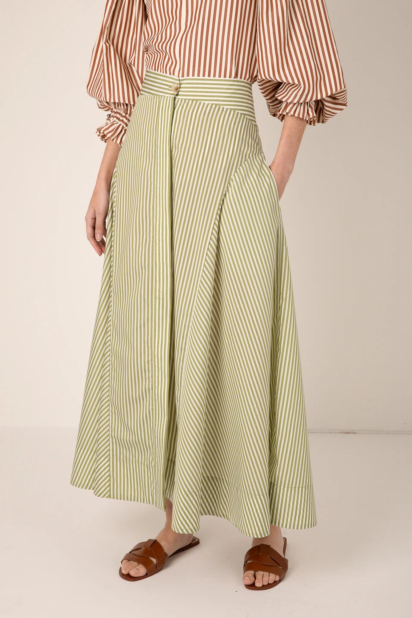 100% Lyocell Fleur Stripe Skirt in Green and White Stripe