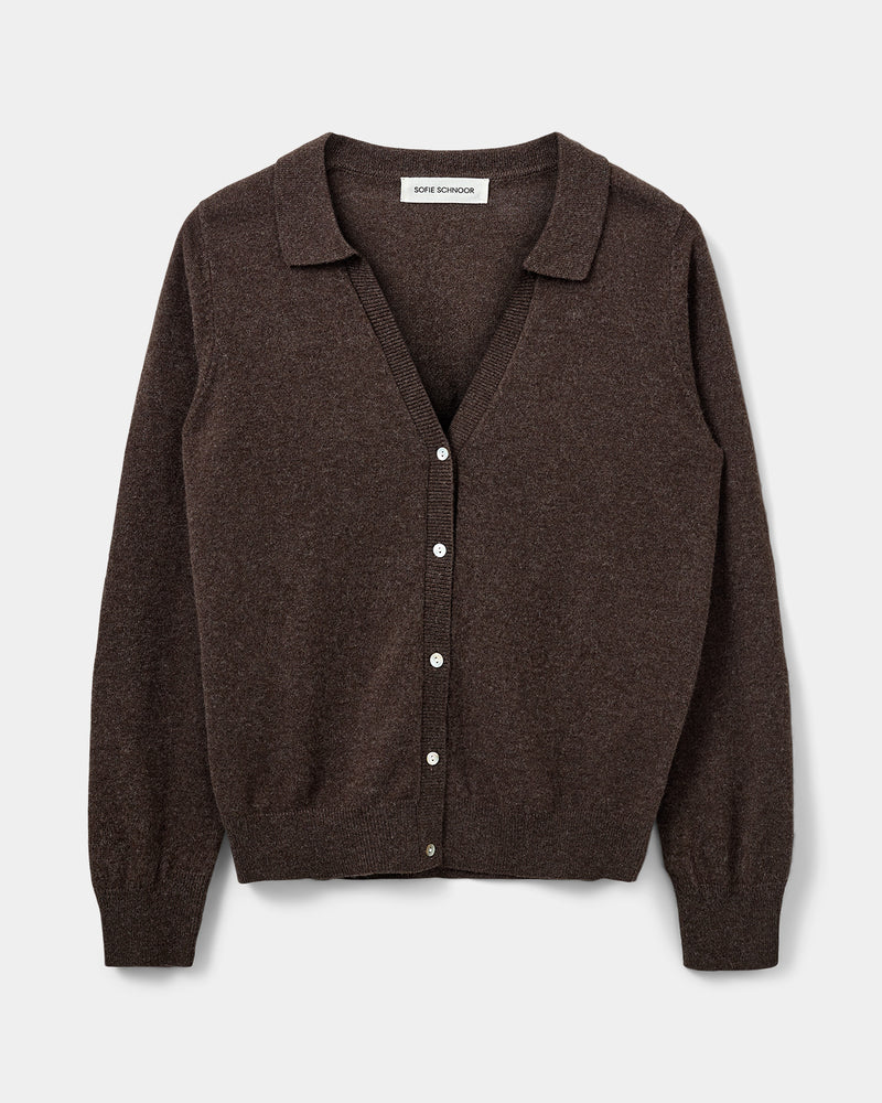 100% Merino Wool Cardigan with Polo Collar in Brown Fudge