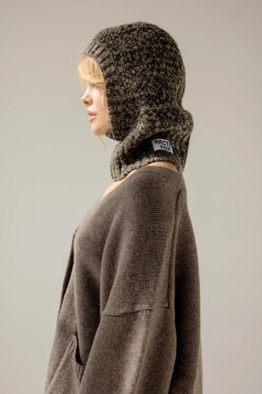 The Alpaca Balaclava Fitted Hood in Frosted Walnut Brown