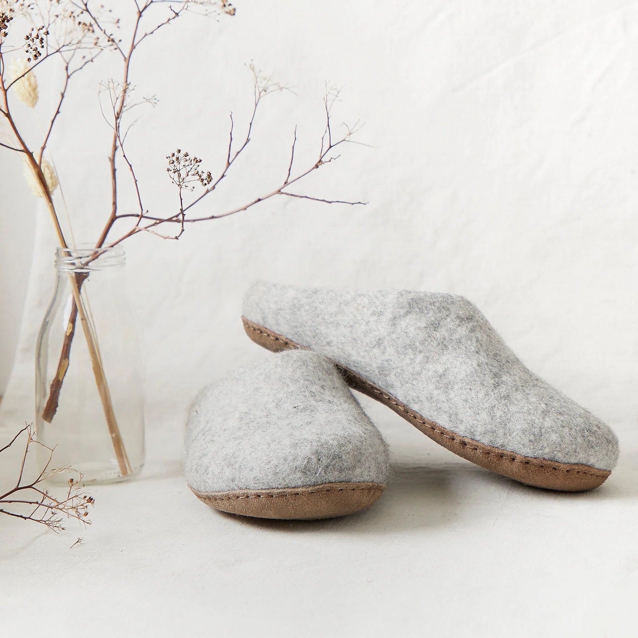 100% Wool Hand Felted Slippers in Light Grey