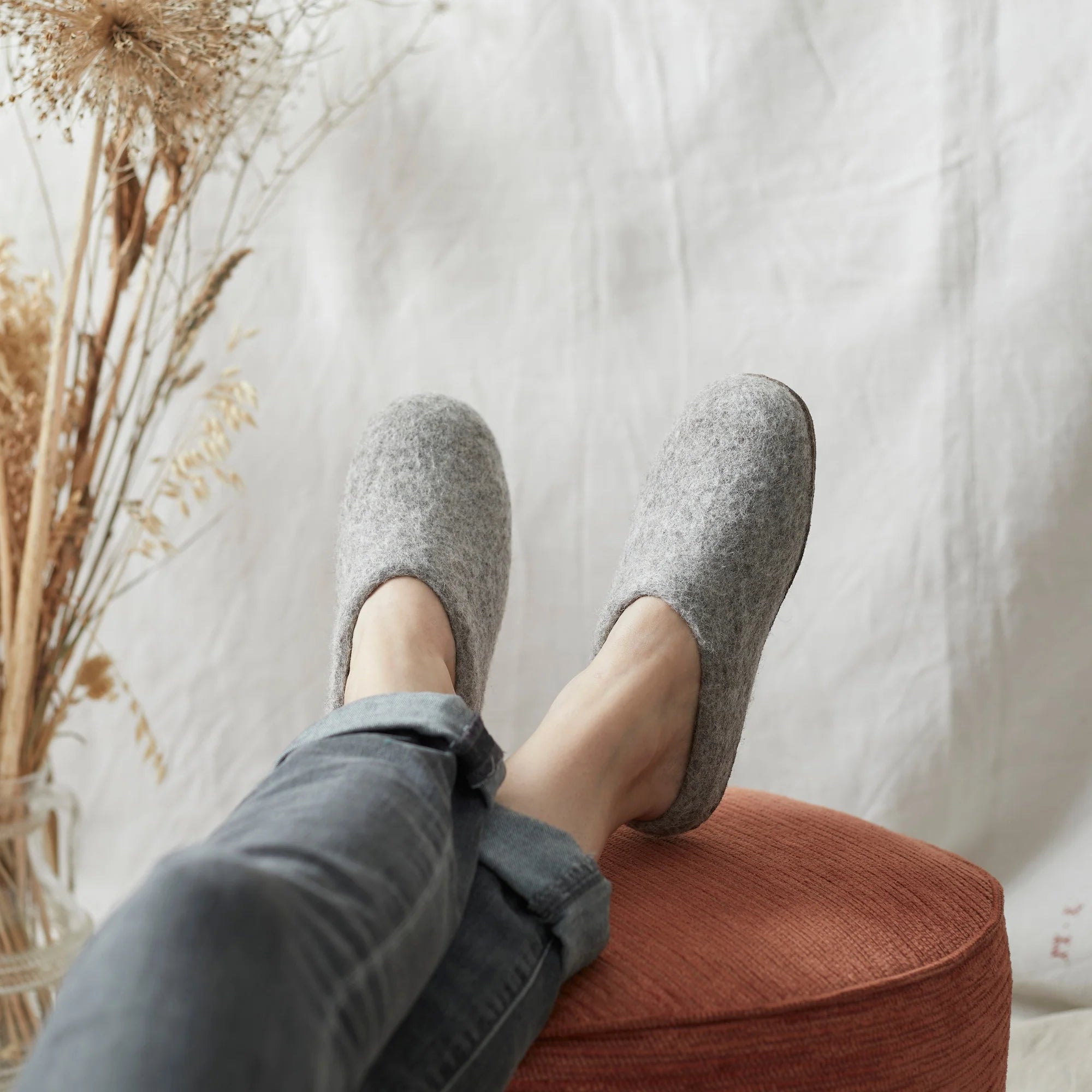 100% Wool Hand Felted Slippers in Light Grey