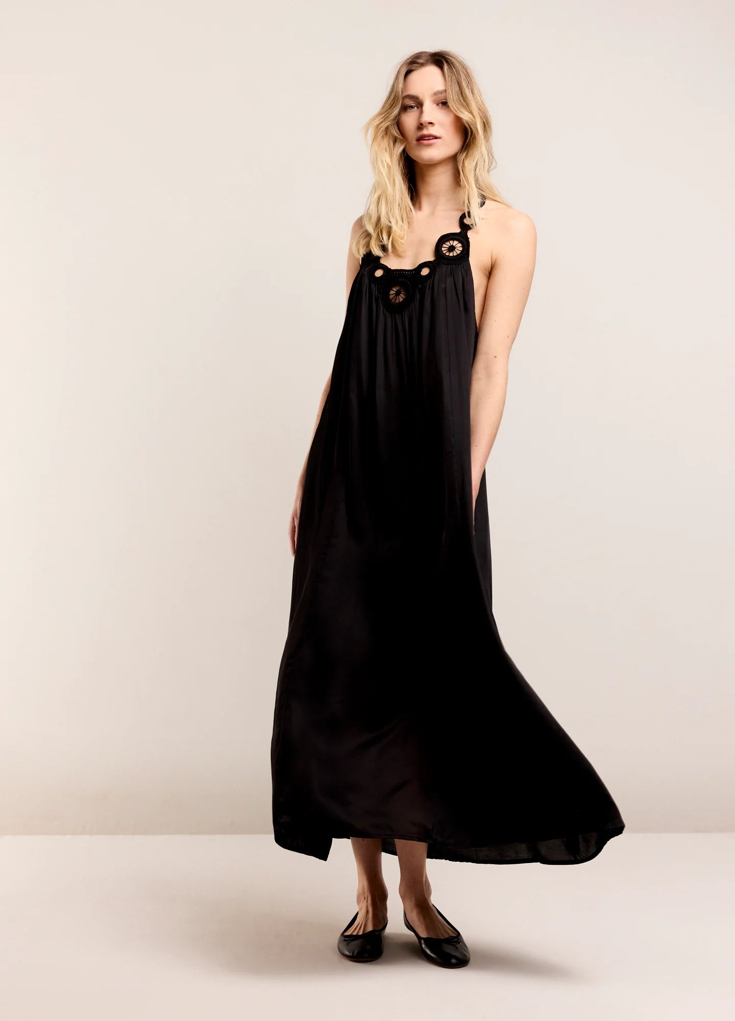 Black Halter Dress in Viscose Satin