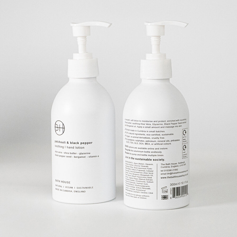 Patchouli and Black Pepper Hand Lotion in 300ml Aluminium Bottle