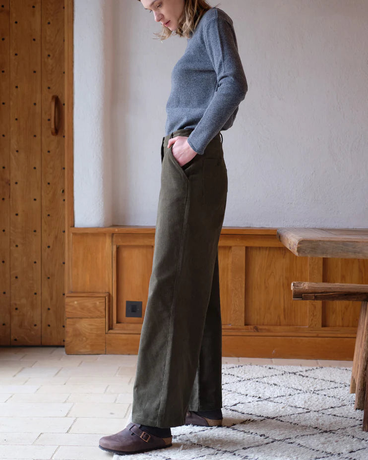 Harper Wide Leg Day Trousers in Olive Needlecord