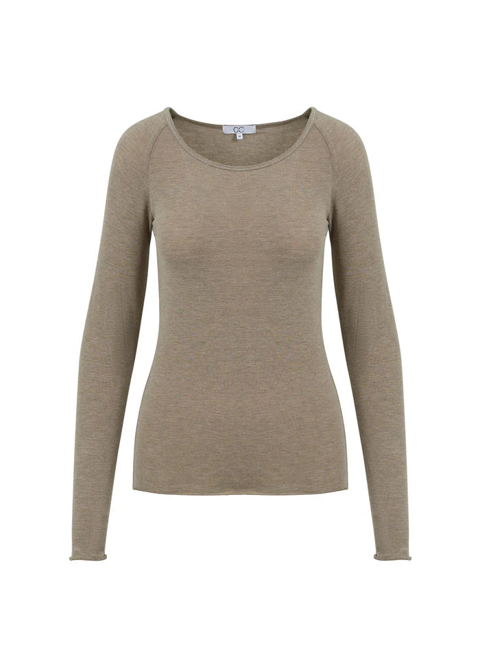 Lana Long Sleeve Merino Wool Mix Long Sleeve Top in Hazel Melange