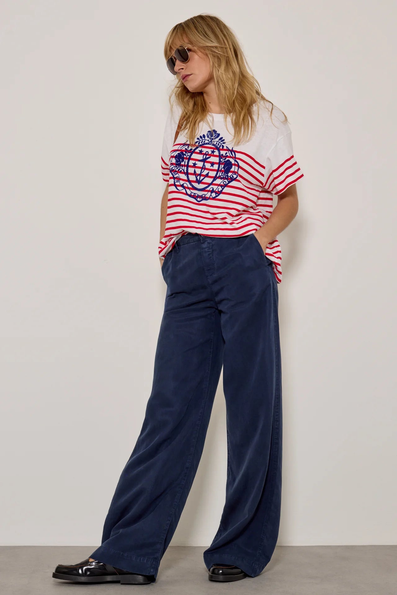 Leika 100% Cotton Wide Leg Trousers in Navy