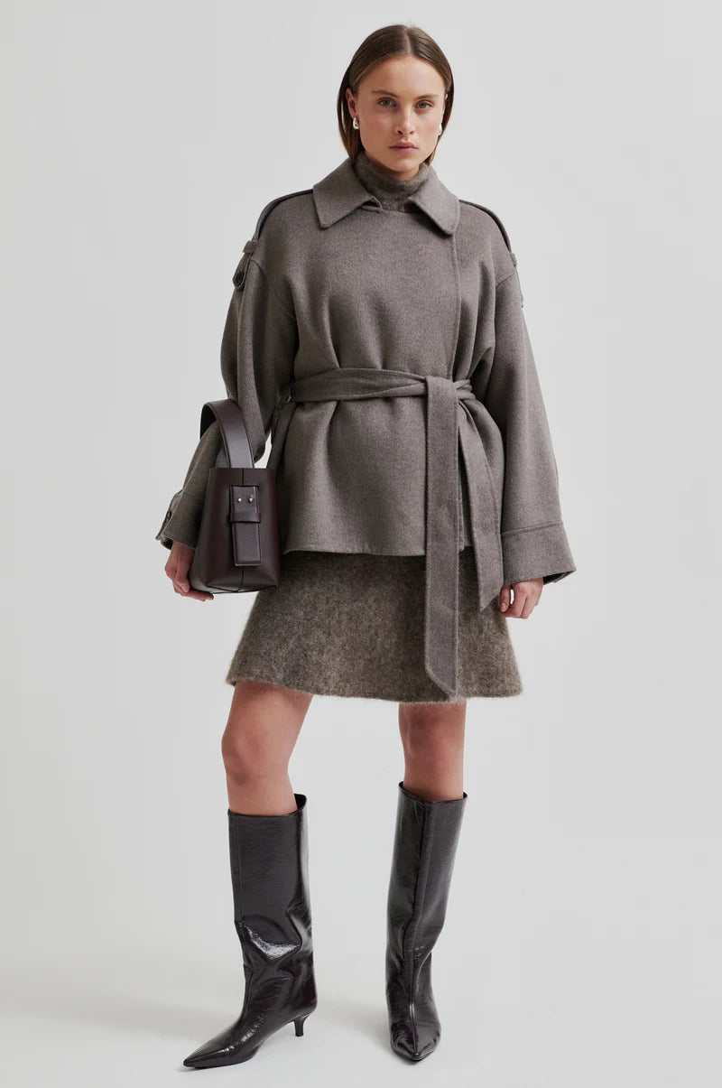 Wallace Belt Jacket Wool & Polyester in Mid Brown Melange